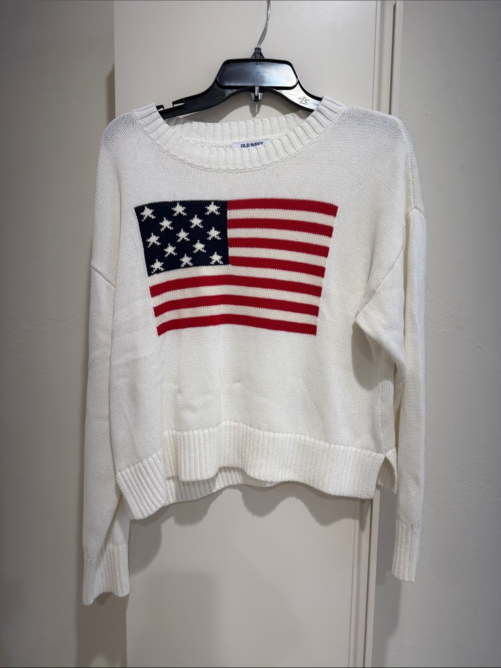 Old Navy White Crewneck Sweater with Flag Motif